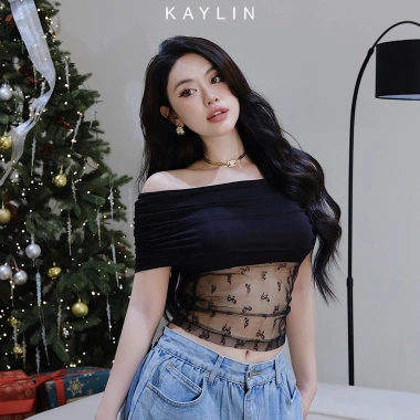 Áo Kaylin trễ vai ren nơ tay dài, thun lụa mỏng nhẹ, phong cách gợi cảm - Giá chỉ 207.000đ