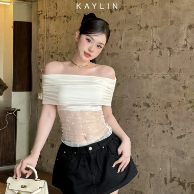 Áo Kaylin trễ vai ren nơ tay dài, thun lụa mỏng nhẹ, phong cách gợi cảm - Giá chỉ 207.000đ