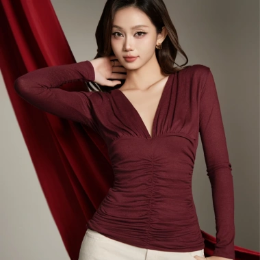 Áo Kaylin Velora Top tay dài cổ V rút nhún, chất thun lụa - Tet Collection A137T1