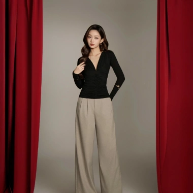 Áo Kaylin Velora Top tay dài cổ V rút nhún, chất thun lụa - Tet Collection A137T1