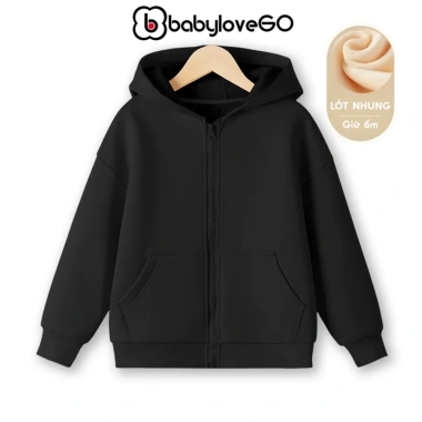 Áo khoác bé trai BabyloveGO nỉ lót lông dày ấm, mũ + khóa kéo, 1-10 tuổi, giảm giá 2