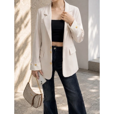 Áo khoác blazer 2 lớp nữ dài tay cúc giữa tay viền trắng, đệm vai trẻ trung công sở - 214.613₫