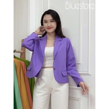 Áo khoác blazer nữ dáng suông ngắn dài tay túi bổ 1 lớp Premium BLUE