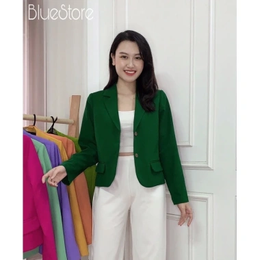 Áo khoác blazer nữ dáng suông ngắn dài tay túi bổ 1 lớp Premium BLUE
