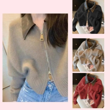 Áo khoác cardigan len croptop KHOSI SP252, khóa kéo 2 chiều, cổ sơ mi, giá 209k