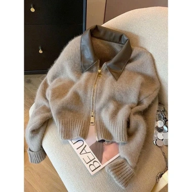 Áo khoác cardigan len croptop KHOSI SP252, khóa kéo 2 chiều, cổ sơ mi, giá 209k