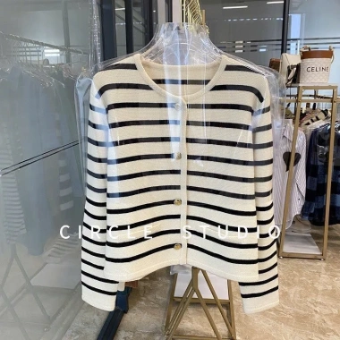 Áo khoác cardigan len kẻ sọc ngang Quảng Châu co giãn, phong cách tiểu thư Hàn Quốc, giá 179k 2