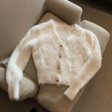 Áo khoác cardigan len lông thỏ ngắn phong cách tiểu thư Hàn Quốc sang chảnh KUNKUN SP25 199.000 VND