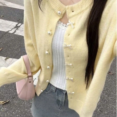 Áo khoác Cardigan len vàng pastel cúc nơ phong thu đông NGOMINH SP383 giảm giá 5