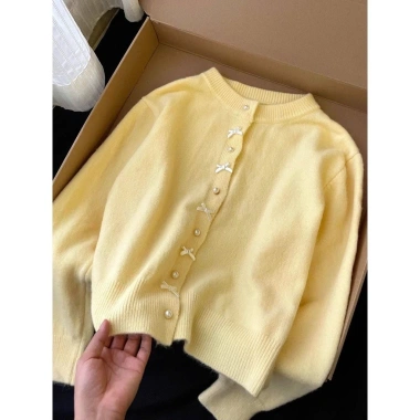 Áo khoác Cardigan len vàng pastel cúc nơ phong thu đông NGOMINH SP383 giảm giá 6