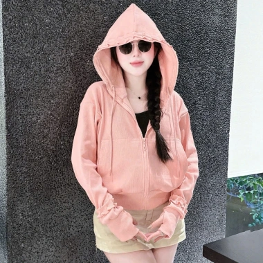 Áo khoác chống nắng thun gân bèo xếp ly 6 túi form lửng vừa mã – Free Size 40‑60kg
