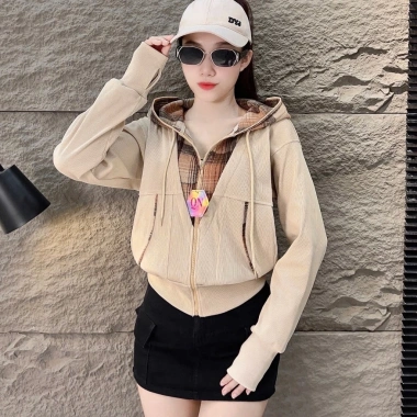 Áo khoác chống nắng thun gân mix caro, nón mũ min6, mát, form lửng freesize 40-60 - 200k