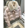 Áo khoác cotton hồng trẻ trung phong cách Hàn Quốc, cổ lông nơ mùa đông ấm áp - 540k