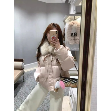 Áo khoác cotton hồng trẻ trung phong cách Hàn Quốc, cổ lông nơ mùa đông ấm áp - 540k 3