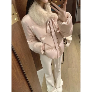 Áo khoác cotton hồng trẻ trung phong cách Hàn Quốc, cổ lông nơ mùa đông ấm áp - 540k 5