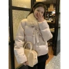 Áo khoác cotton hồng trẻ trung phong cách Hàn Quốc, cổ lông nơ mùa đông ấm áp - 540k 9