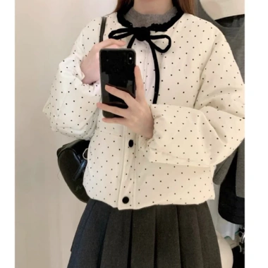 Áo khoác cotton thắt nơ nữ mùa đông, chấm bi rộng rãi, đa năng, giảm còn 250k