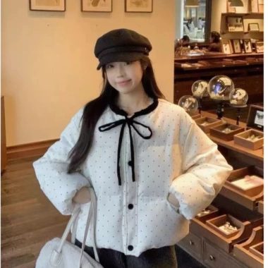 Áo khoác cotton thắt nơ nữ mùa đông, chấm bi rộng rãi, đa năng, giảm còn 250k