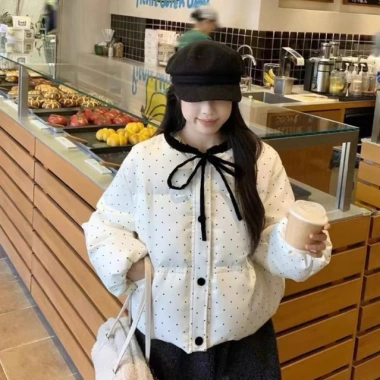 Áo khoác cotton thắt nơ nữ mùa đông, chấm bi rộng rãi, đa năng, giảm còn 250k