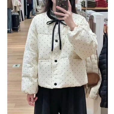Áo khoác cotton thắt nơ nữ mùa đông, chấm bi rộng rãi, đa năng, giảm còn 250k