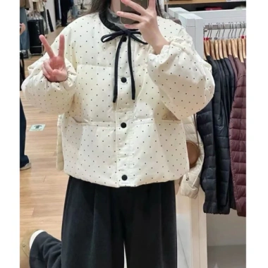 Áo khoác cotton thắt nơ nữ mùa đông, chấm bi rộng rãi, đa năng, giảm còn 250k