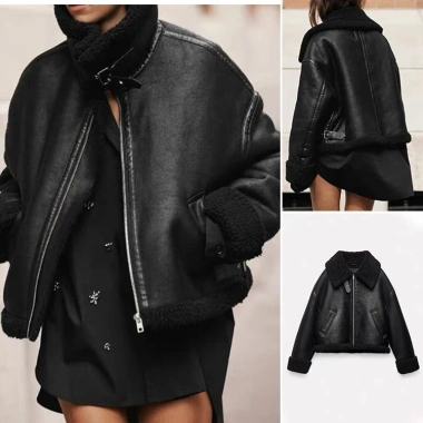 Áo khoác da lót giả lông Zara màu đen sẵn giảm giá 18% chỉ 880.000₫