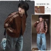 Áo khoác da nam cao cấp đen nâu, cổ trụ dài tay, phong cách Hàn Quốc boxy bomber – 449.000₫