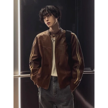 Áo khoác da nam cao cấp đen nâu, cổ trụ dài tay, phong cách Hàn Quốc boxy bomber – 449.000₫