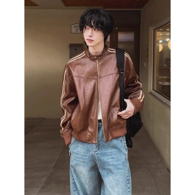 Áo khoác da nam cao cấp đen nâu, cổ trụ dài tay, phong cách Hàn Quốc boxy bomber – 449.000₫
