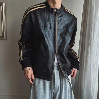 Áo khoác da nam cao cấp đen nâu, cổ trụ dài tay, phong cách Hàn Quốc boxy bomber – 449.000₫