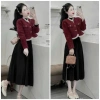 Áo khoác dạ tweed 2 lớp đỏ viền bèo và chân váy xếp ly maxi mùa đông size 40-75