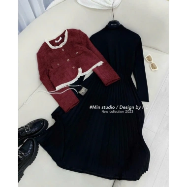 Áo khoác dạ tweed 2 lớp đỏ viền bèo và chân váy xếp ly maxi mùa đông size 40-75