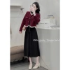 Áo khoác dạ tweed 2 lớp đỏ viền bèo và chân váy xếp ly maxi mùa đông size 40-75 3