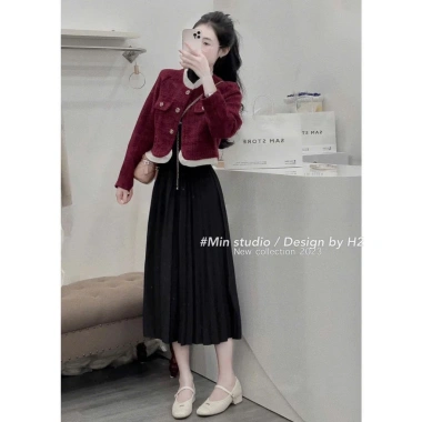 Áo khoác dạ tweed 2 lớp đỏ viền bèo và chân váy xếp ly maxi mùa đông size 40-75 3 Áo khoác dạ tweed 2 lớp đỏ viền bèo và chân váy xếp ly maxi mùa đông size 40-75 3