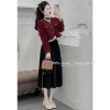 Áo khoác dạ tweed 2 lớp đỏ viền bèo và chân váy xếp ly maxi mùa đông size 40-75 4