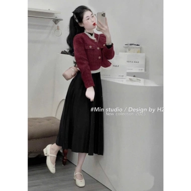 Áo khoác dạ tweed 2 lớp đỏ viền bèo và chân váy xếp ly maxi mùa đông size 40-75