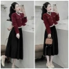 Áo khoác dạ tweed 2 lớp đỏ viền bèo và chân váy xếp ly maxi mùa đông size 40-75 7