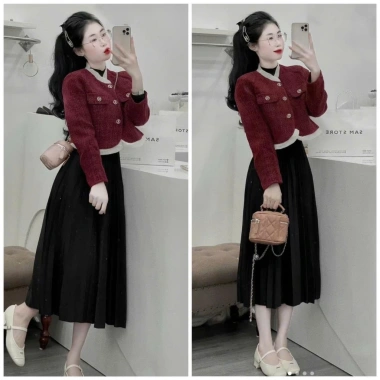 Áo khoác dạ tweed 2 lớp đỏ viền bèo và chân váy xếp ly maxi mùa đông size 40-75