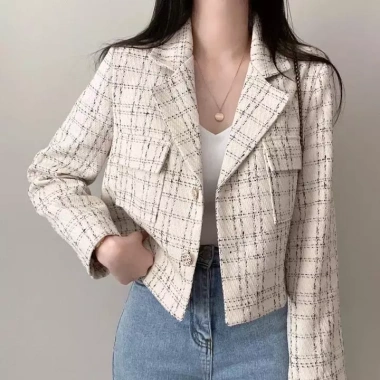 Áo khoác dạ tweed kẻ sọc xám-be dáng ngắn xòe - Hot trend sang chảnh, phối quần váy/dầm, chỉ 199k