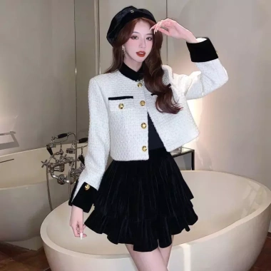 Áo khoác dạ tweed kẻ sọc xám-be dáng ngắn xòe - Hot trend sang chảnh, phối quần váy/dầm, chỉ 199k