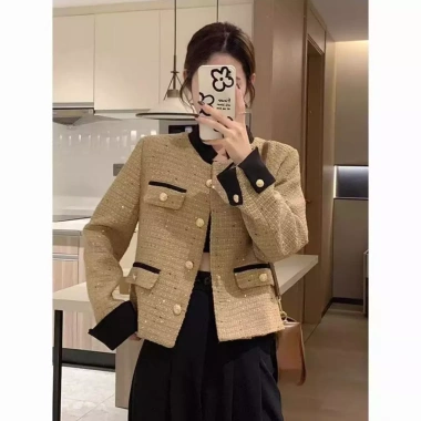 Áo khoác dạ tweed kẻ sọc xám-be dáng ngắn xòe - Hot trend sang chảnh, phối quần váy/dầm, chỉ 199k