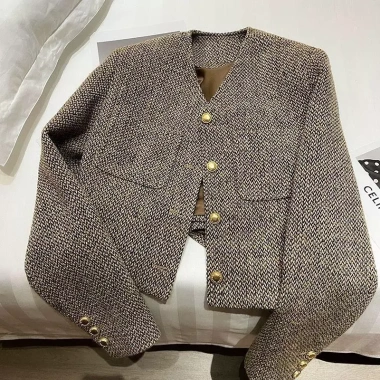 Áo khoác dạ tweed kẻ sọc xám-be dáng ngắn xòe - Hot trend sang chảnh, phối quần váy/dầm, chỉ 199k