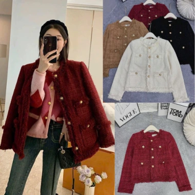 Áo khoác dạ tweed nữ ngắn 2 lớp nhung tua rua tiểu thư mùa đông Hàn Quốc - 236k