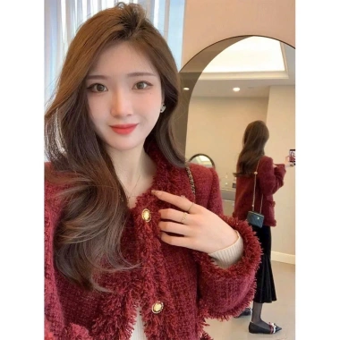 Áo khoác dạ tweed nữ ngắn 2 lớp nhung tua rua tiểu thư mùa đông Hàn Quốc - 236k