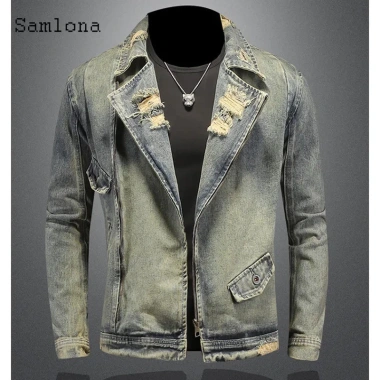 Áo khoác denim nam retro Mỹ 2.026, cổ vest rách, khóa kéo, rộng ôm, giá 789.367đ