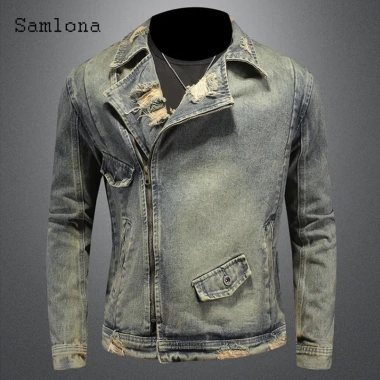 Áo khoác denim nam retro Mỹ 2.026, cổ vest rách, khóa kéo, rộng ôm, giá 789.367đ