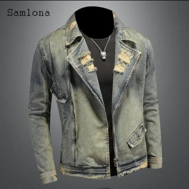 Áo khoác denim nam retro Mỹ 2.026, cổ vest rách, khóa kéo, rộng ôm, giá 789.367đ