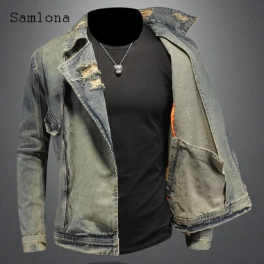 Áo khoác denim nam retro Mỹ 2.026, cổ vest rách, khóa kéo, rộng ôm, giá 789.367đ