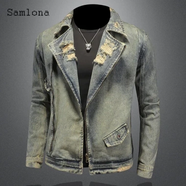 Áo khoác denim nam retro Mỹ 2.026, cổ vest rách, khóa kéo, rộng ôm, giá 789.367đ