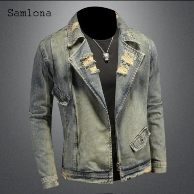 Áo khoác denim nam retro Mỹ 2.026, cổ vest rách, khóa kéo, rộng ôm, giá 789.367đ